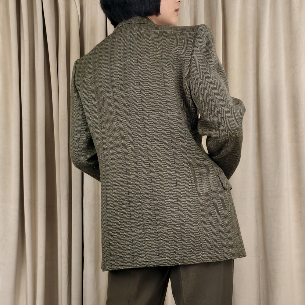 Vintage Wool Ellen Tracy Green Herringbone and Plaid Wool Blazer - Picture 4 of 8